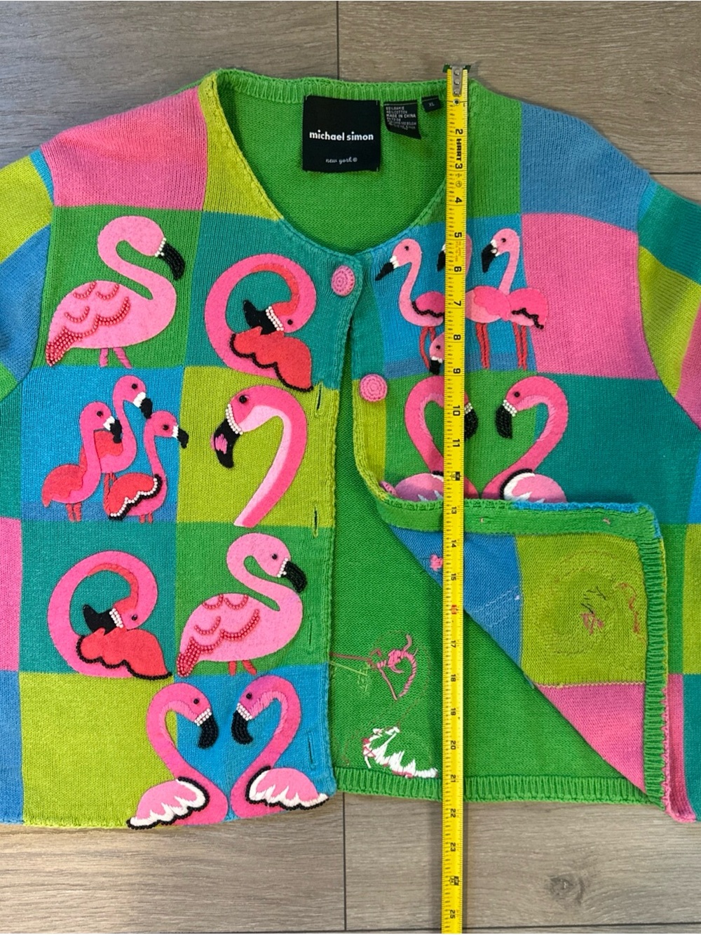 VTG Michael Simon Size XL Pink Flamingo 3D Beaded Embroidered Cardigan Sweater - Picture 9 of 11